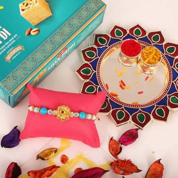 Peacock Rakhi & Thali Combo with Soan