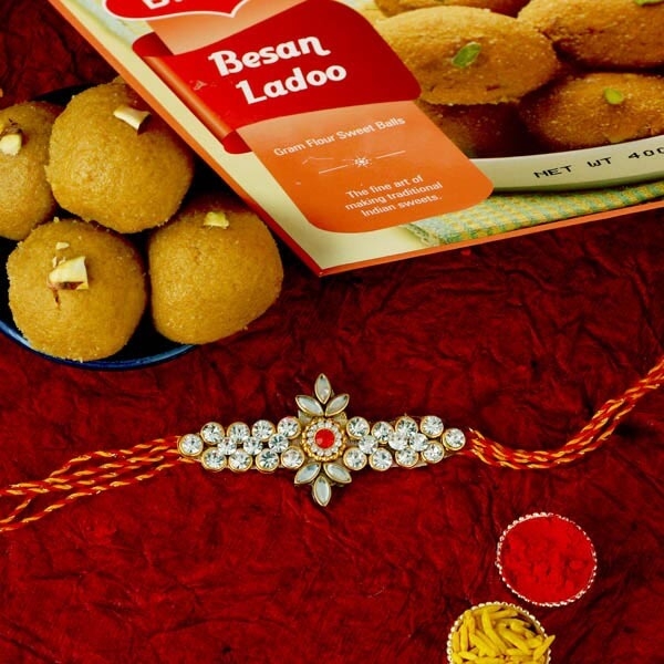 Kundan Floral Rakhi & Besan Laddoo