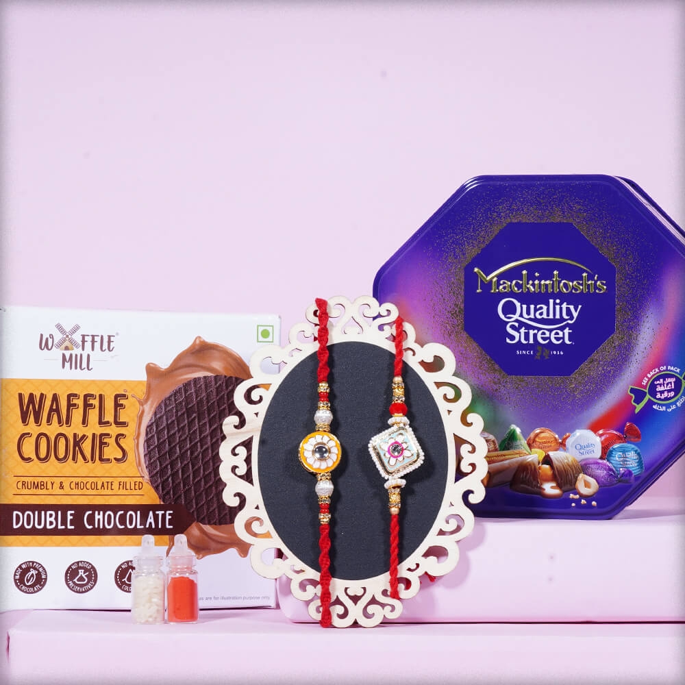 Meenakari Rakhi Duo with Mackintosh's Chocolate and Waffle Cookies