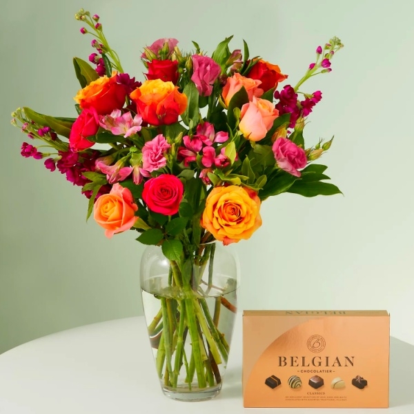 Roses, Lisianthus & Stock Bright Bouquet with Belgian Chocolates