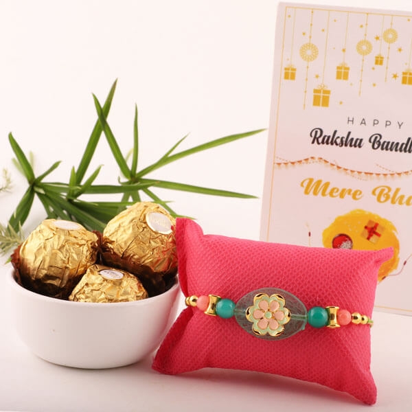 Green Pebble Rakhi and Ferrero Rocher