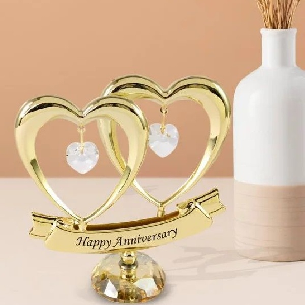 Gold Plated Double Heart Happy Anniversary Ornament