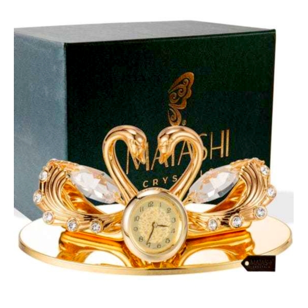 Gold Plated Loving Swans Figurine Table Top Clock